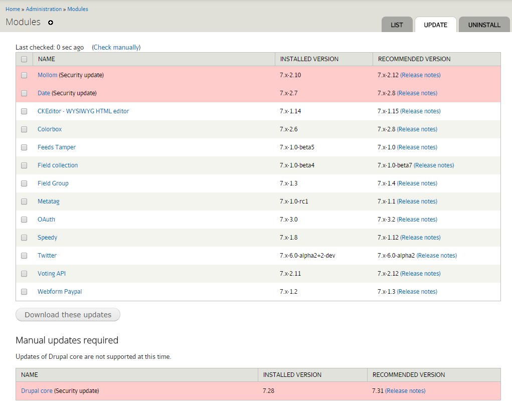 Drupals updating interface